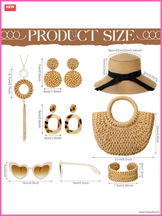 Boho Straw Hat and Bag Set with Sunglasses Jewelry for Women Summer Vacation main image 3
